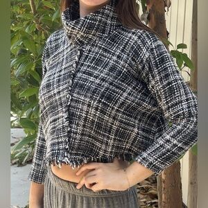 Zara EUC Houndstooth Tweed Plaid Oversized Fringe Mock Neck Top Sweater Size S